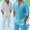 Men's Two-piece Pants Sets White Blue Lapel Button Short Sleeve Shirt + Long Pants Sets Casual Soft Beach Outfits Men Sets