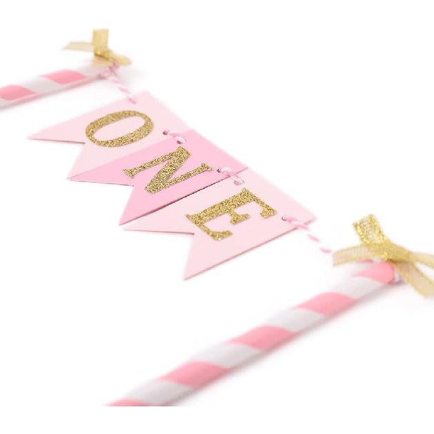 One Cake Topper for Baby Girls - Pink and Gold Cake Topper Banner for 1st Birthday, First Birthday CakeTopper, Paper Straw CakeTopper, Cake Smash
