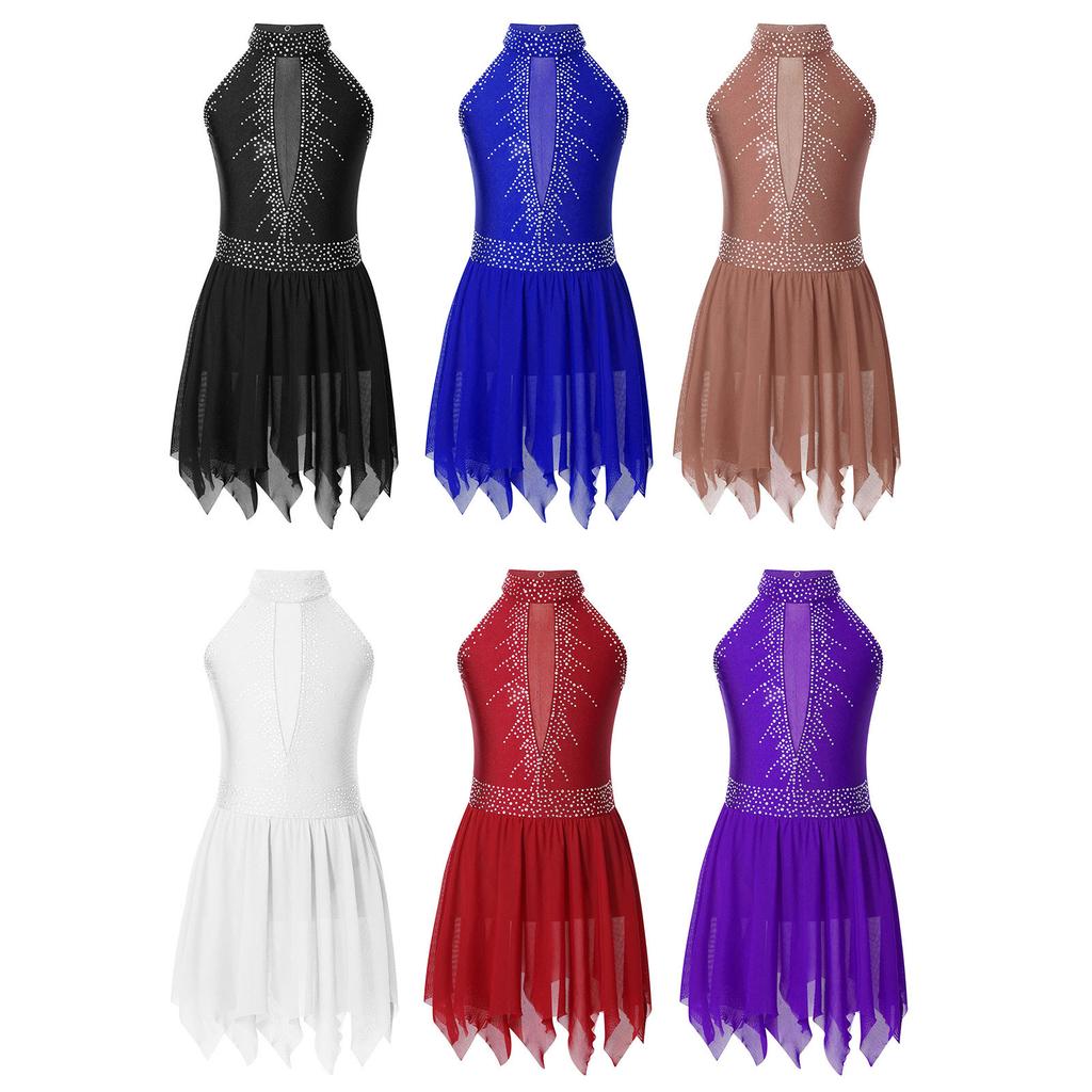 Платье для фигурного катания для девочек с блестящими стразами, с открытой спиной, асимметричной юбкой из сетки, леотард