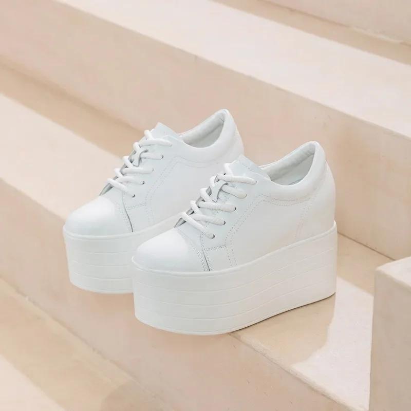 Мода 12 см Новые Синтетические Натуральные Платформа Танкетка Балетки Кожа Осень Весна Ботильоны Женские Высокие Бренд Мода Высокие Каблуки Обувь