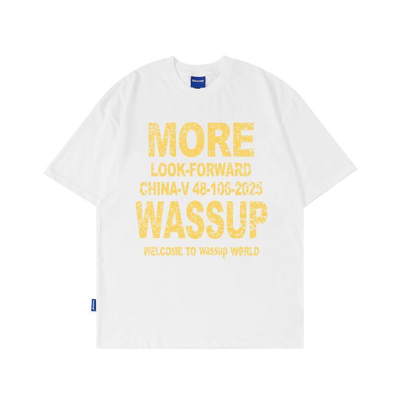 Wassup Trendy Brand Distressed Inkjet Letter T-Shirt Short-Sleeved Men's Summer Loose Casual Couple Round Neck Half-Sleeved Top