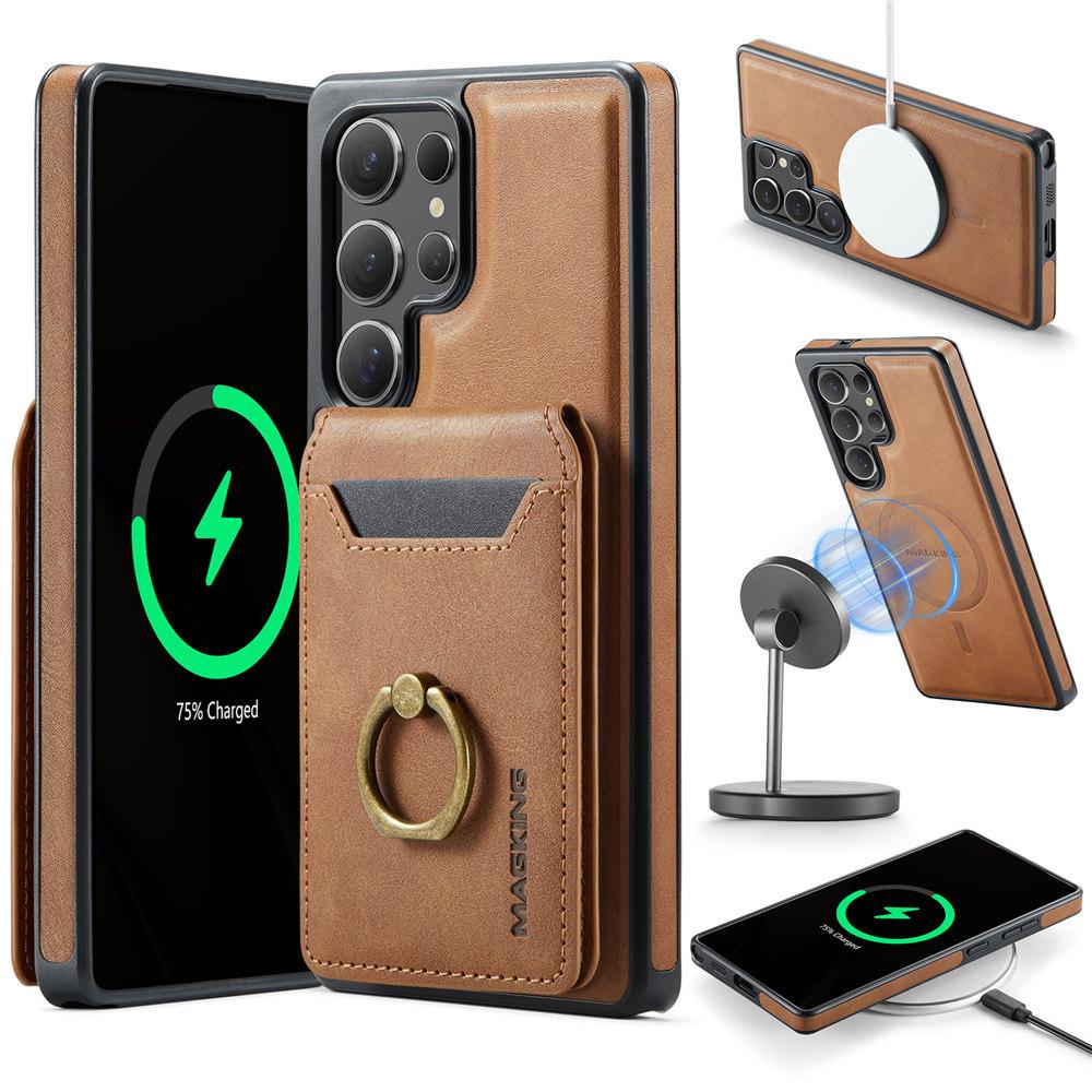 Кожаный чехол-книжка 2-в-1 с магнитной фиксацией для Samsung Galaxy S25 S24 Plus S23 Ultra, с кольцом для беспроводной зарядки Magsafe и отделениями для карт