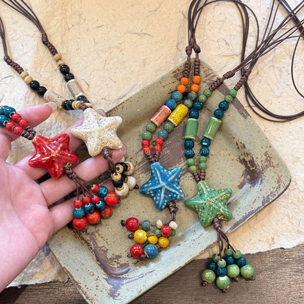 Tassel Long Sweater Chain Ceramic Bohemian Style Necklace Temperament Ethnic Style Necklace  Gift