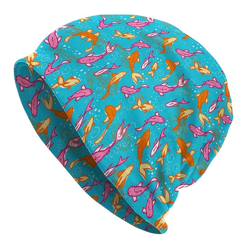 1pc Unisex Street Style Fish School Themed Knit Hat - Colorful Koi Fish Pattern, Durable Knitted Fabric, Comfortable Stretch Fit, Casual Outdoor Hat,