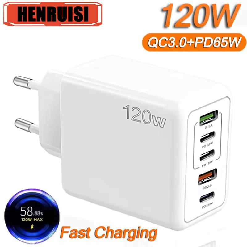 120W USB C Charger Fast Charging Type C 3 PD + 2 USB QC3.0 Mobile Phone Adapter for IPhone Xiaomi Samsung Ipad Realme Tablet