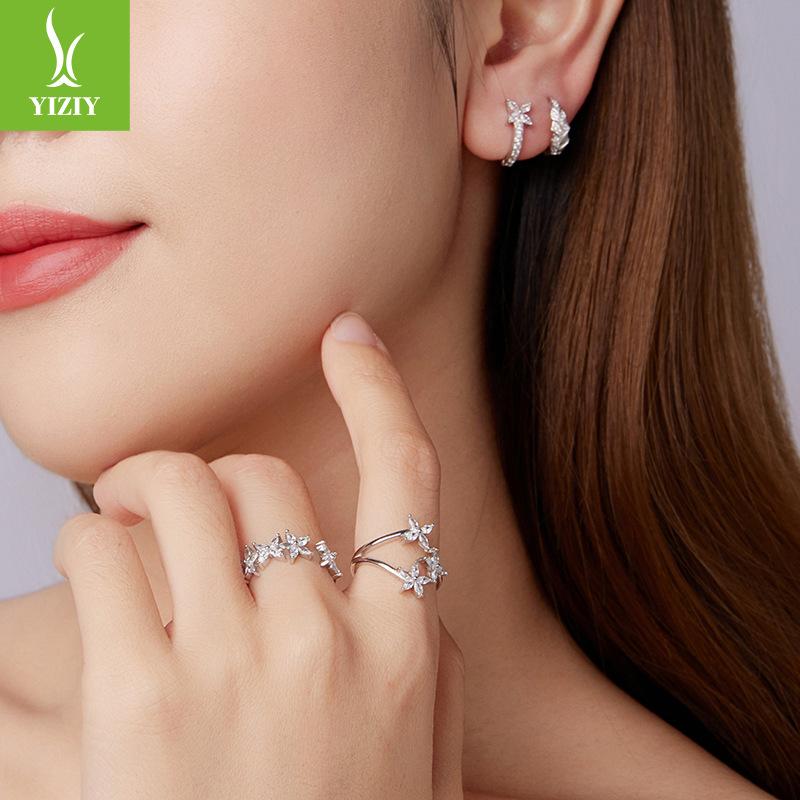 Sparkling Zircon Autumn Leaf Open Ring Ins Wind Versatile Stacked Wearing S925 Sterling Silver Ring Jewelry