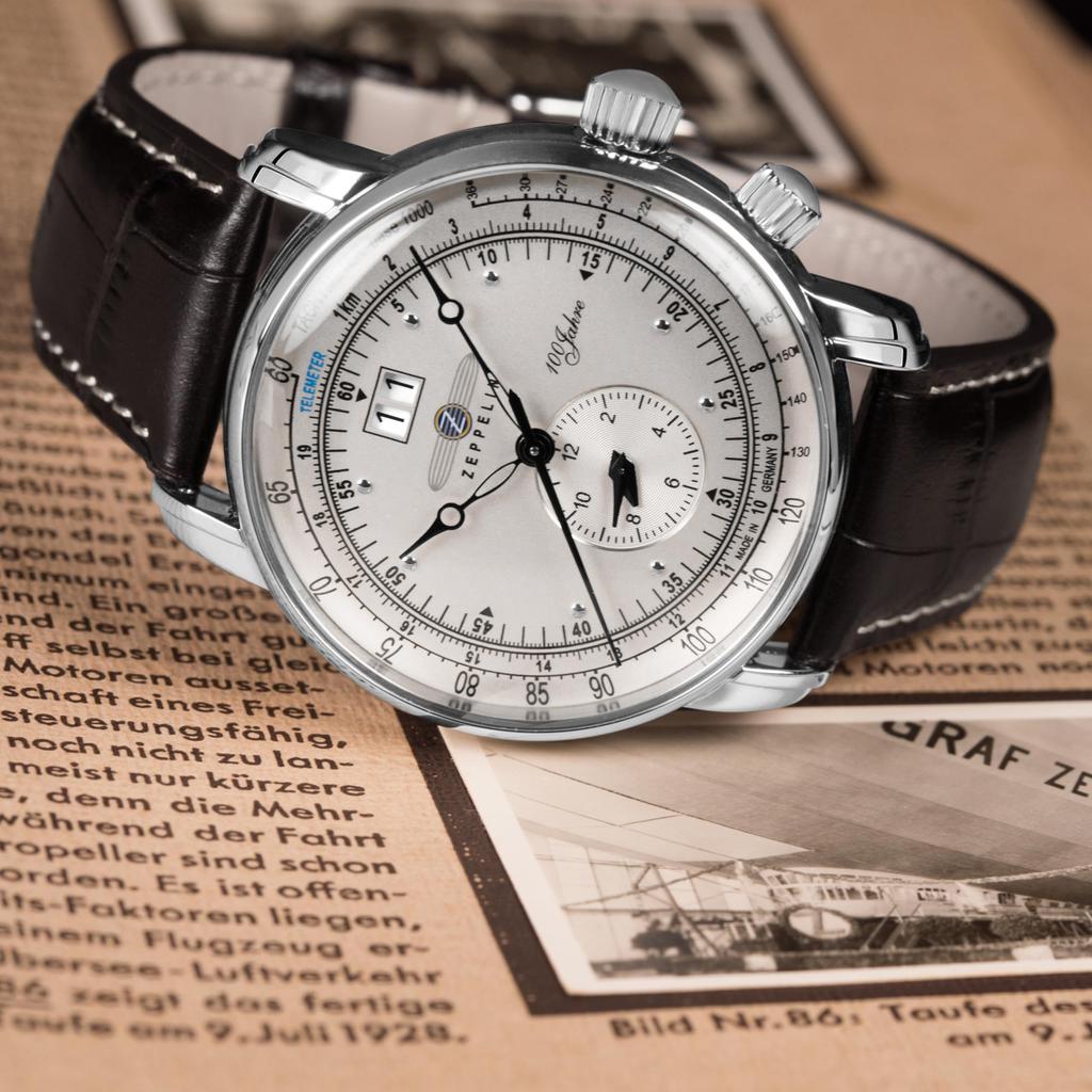 Часы специального выпуска 100 лет 100-летие Серебряный циферблат Нержавеющая сталь Кварцевые кварцевые часы Dual Time Германия Часы коричневые [Zeppelin] 42.3MM 7640-1N