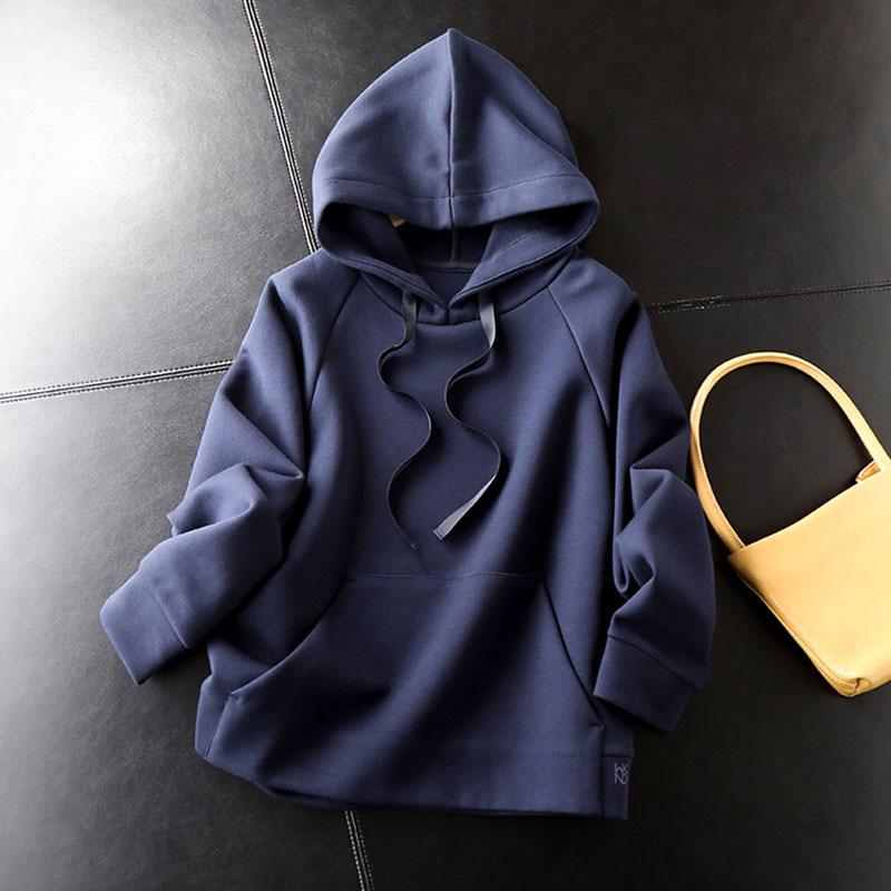 Женская толстовка, повседневная свободная толстовка с карманом, модный топ, однотонный пуловер с длинными рукавами и шнурком