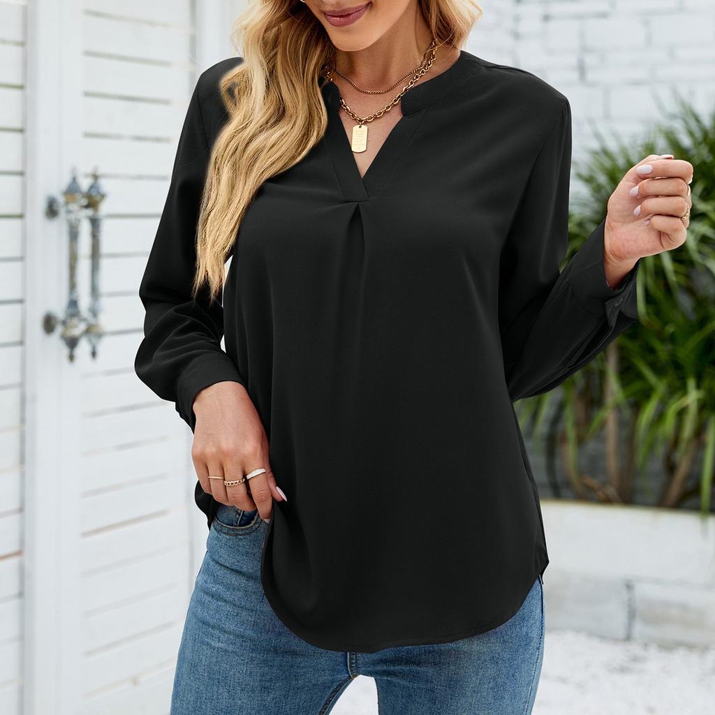 Женская модная однотонная шифоновая рубашка на пуговицах с v-образным вырезом, свободный топ с длинными рукавами