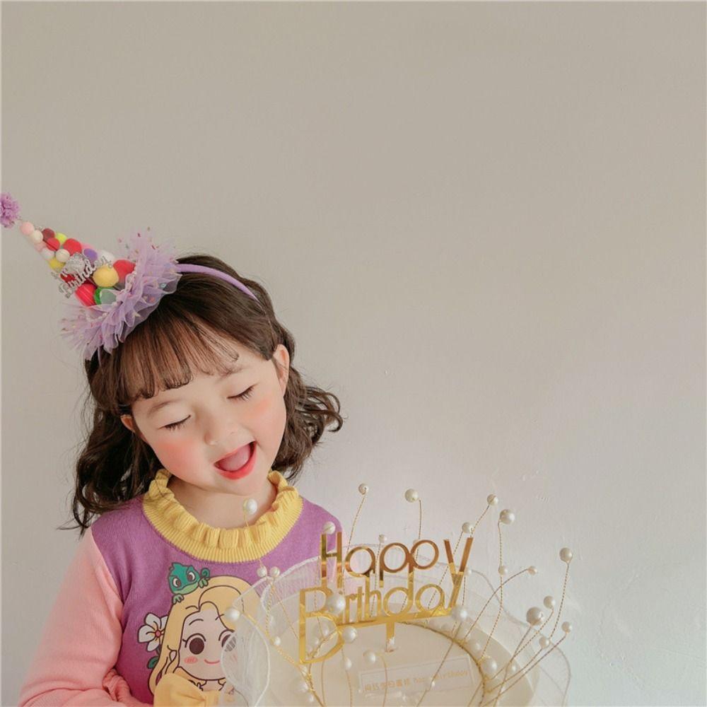 Разноцветная шляпа на день рождения, повязка на голову в корейском стиле, кружевной сетчатый обруч для волос, повязка для волос с днем ​​рождения, детская