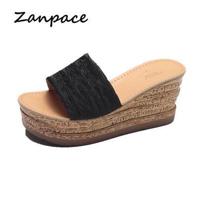 Модные летние туфли на высоком каблуке для женщин, хлопковая ткань, толстые, пляжные туфли, прочные, водонепроницаемые, простые, сандалии на высоком каблуке, шлепанцы