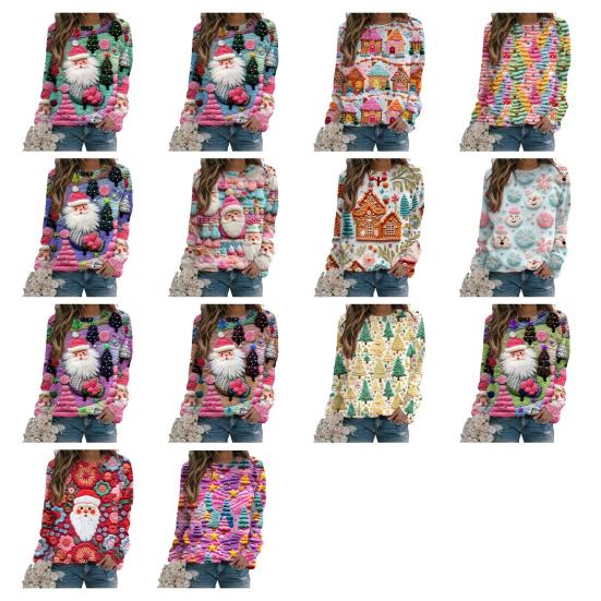 Christmas Sweatshirt Women 3D Xmas Tree House Print Crew Neck Long Sleeve Tops Lightweight Holiday Pullover Tops