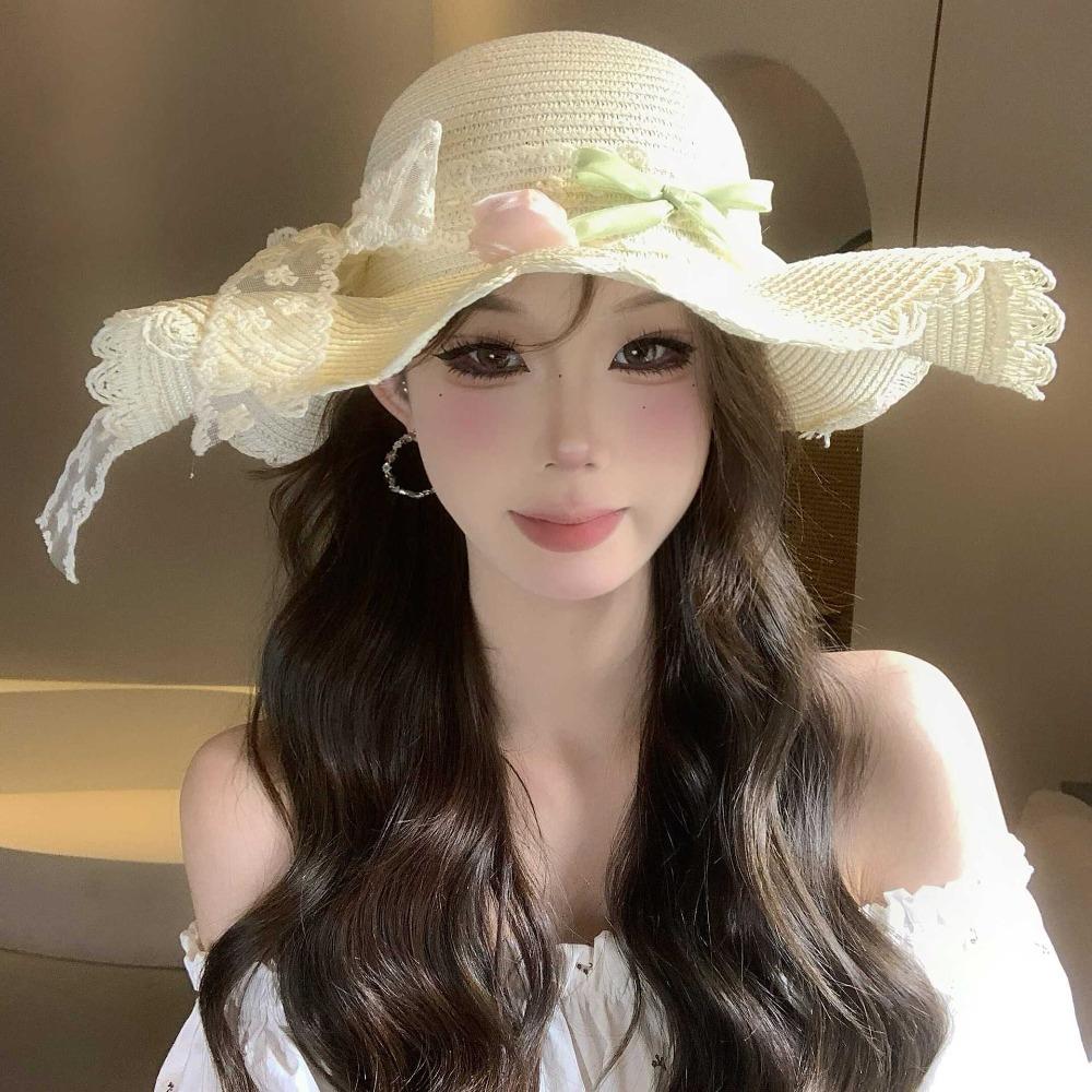 Korean Style Lace Tulip Sun Hat Wide Brim Bow Sunscreen Hat Simple Straw Woven Hat Beach