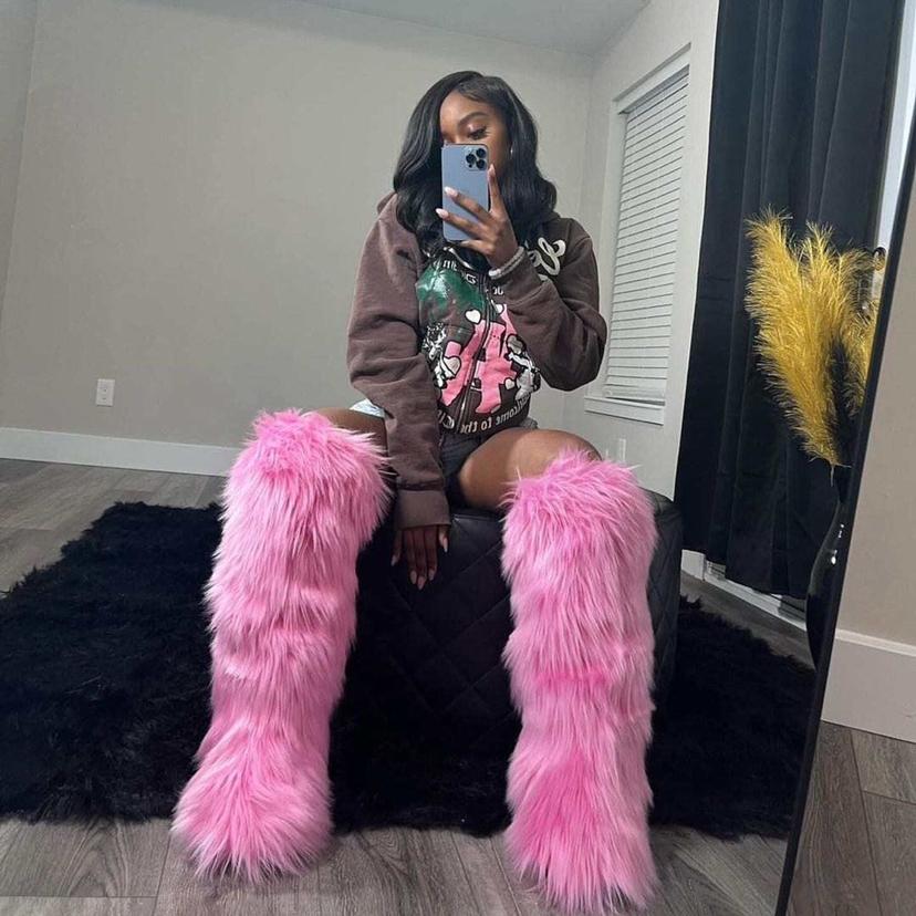 Women Winter Thigh High Fluffy Boots Ladies Furry Faux Fox Fur Long Warm Shoes Girls Plush Knee High Fur Boots