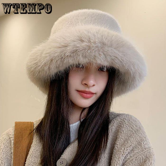 WTEMPO Winter Large Head Circumstance Retro Plush Fisherman's Hats Women's Thickened Imitation Fur Warm Versatile Ear Protection Bucket Hats