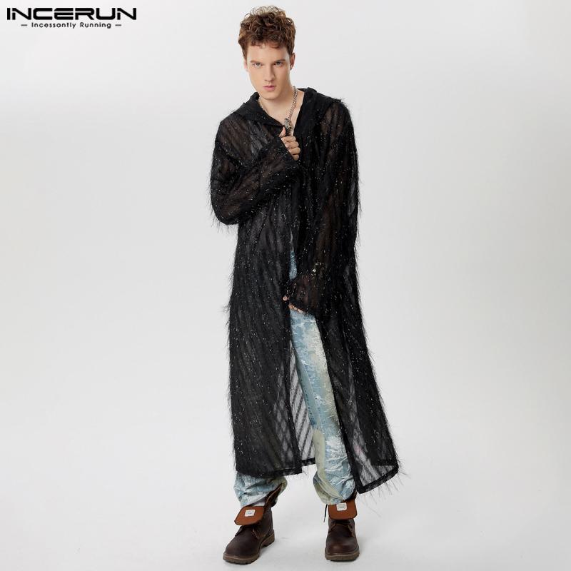 INCERUN Мужские прозрачные длинные кардиганы с кисточками и кимоно с открытым передом и капюшоном