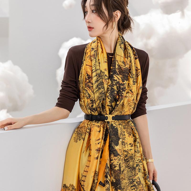 Весенне-летний тонкий атласный длинный платок в китайском стиле в стиле ретро Цинмин Шанхэ Ту Лицзин Элегантный женский солнцезащитный декоративный шелковый шарф