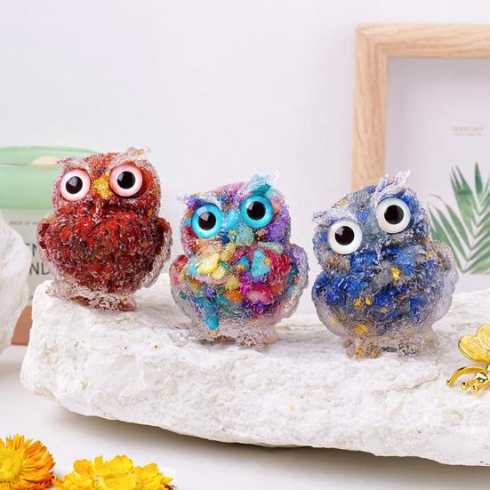 Natural Crystal Owl Figurine Handmade Resin Owl Statue Filled with Crystal Stones Tabletop Owl Ornament