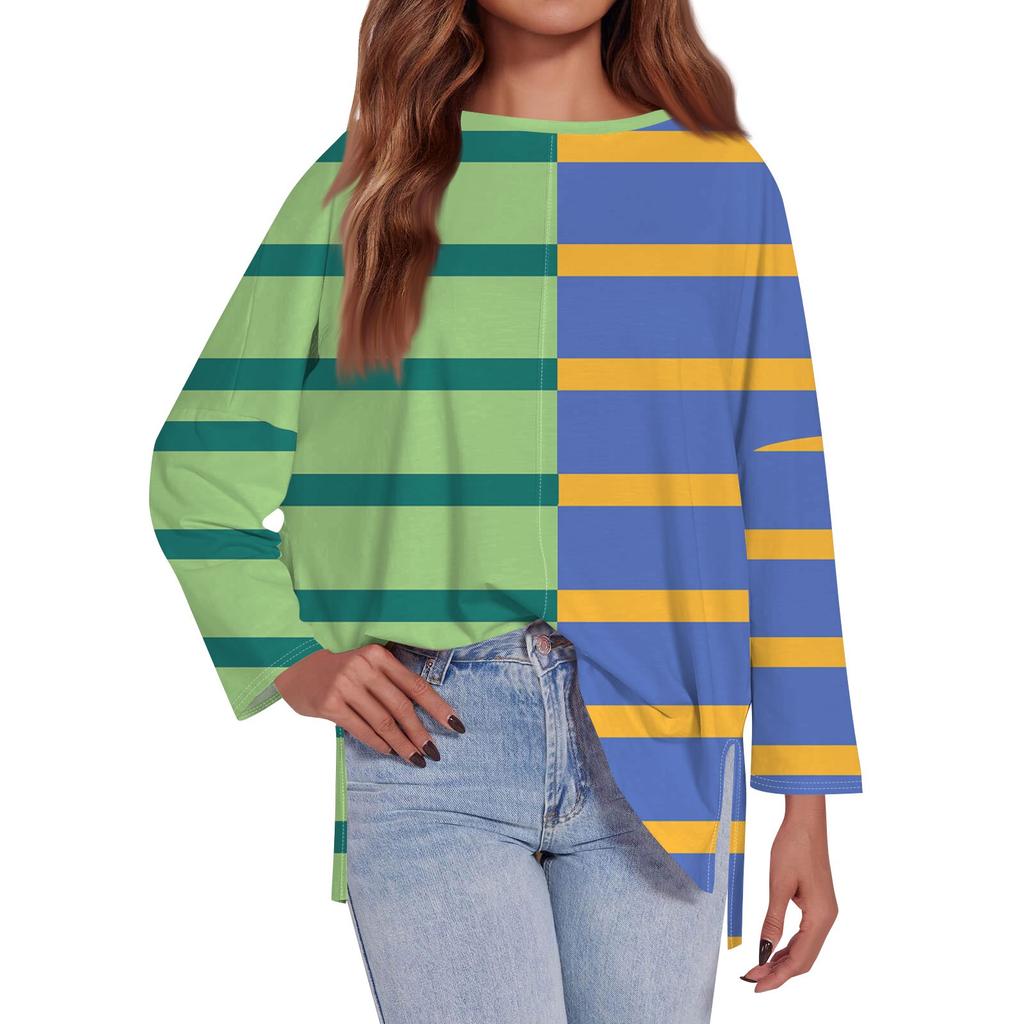 Женская модная свободная футболка большого размера с круглым вырезом и длинным рукавом, разрезом по бокам, в полоску, с принтом, повседневный топ