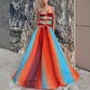 Fashion Gradient Print Hollow Out Maxi Dress Women Sexy Strapless Backless Pleated Long Dresses 2025 Beach Vocation Party Dress