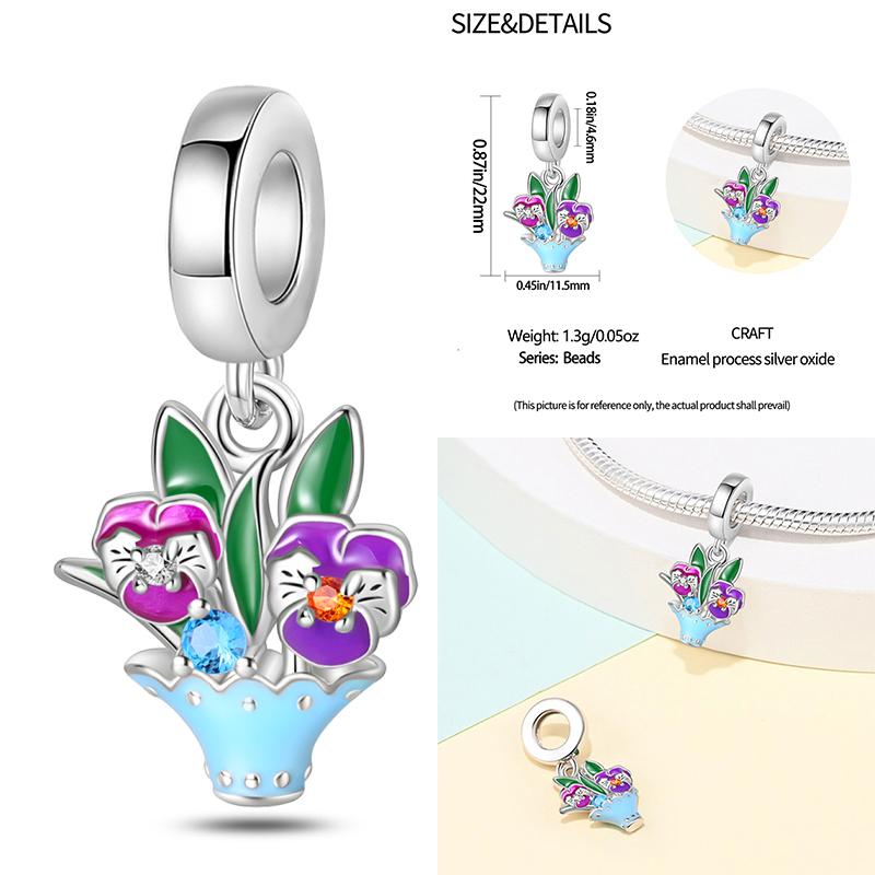 Copper Lavender Tulips Pansy Iris Charm Beads Colorful Flower Dangle Fit Original Bracelet Diy Jewelry Gift