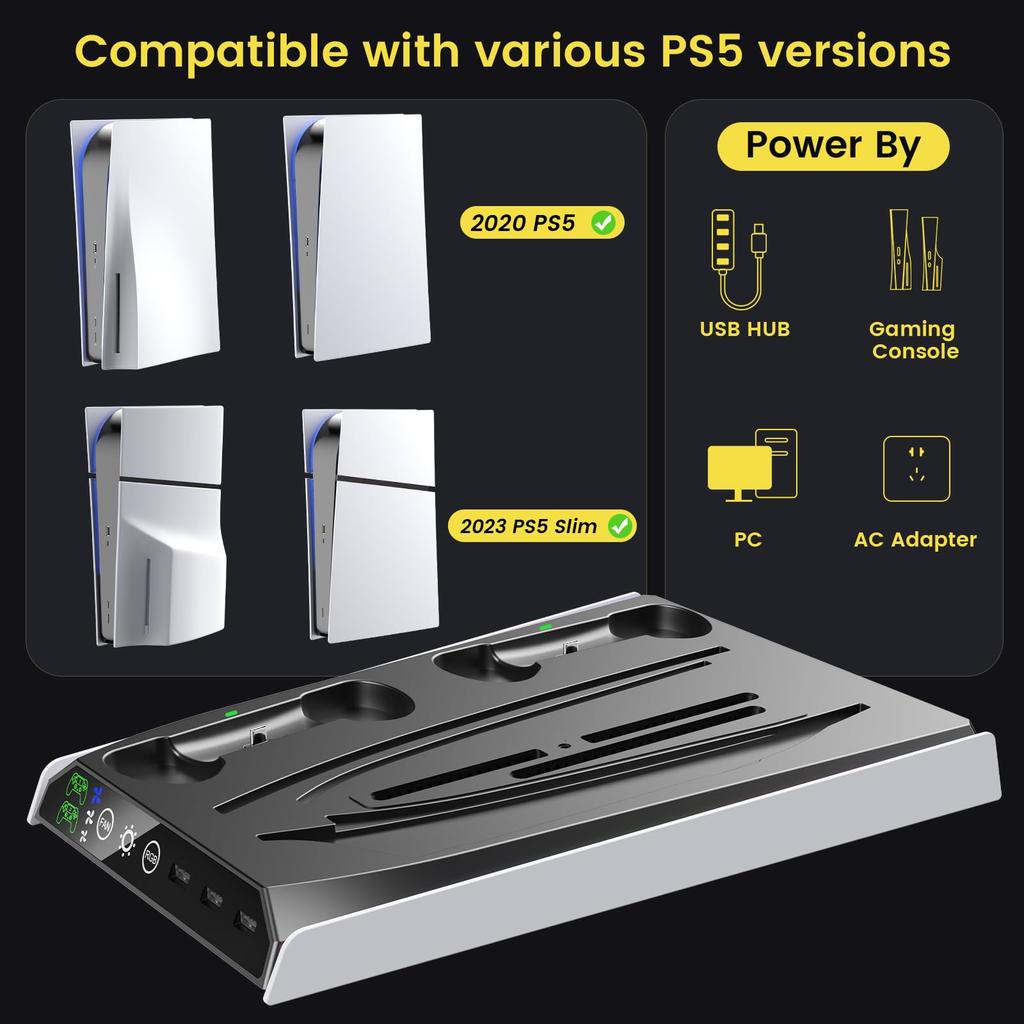 PS5 Slim PS5 Slim Vertical Cooling Stand with 3 Adjustable Air PS5 Controller 2 Controllers Simultaneously Charging Indicator Compatible with Both the