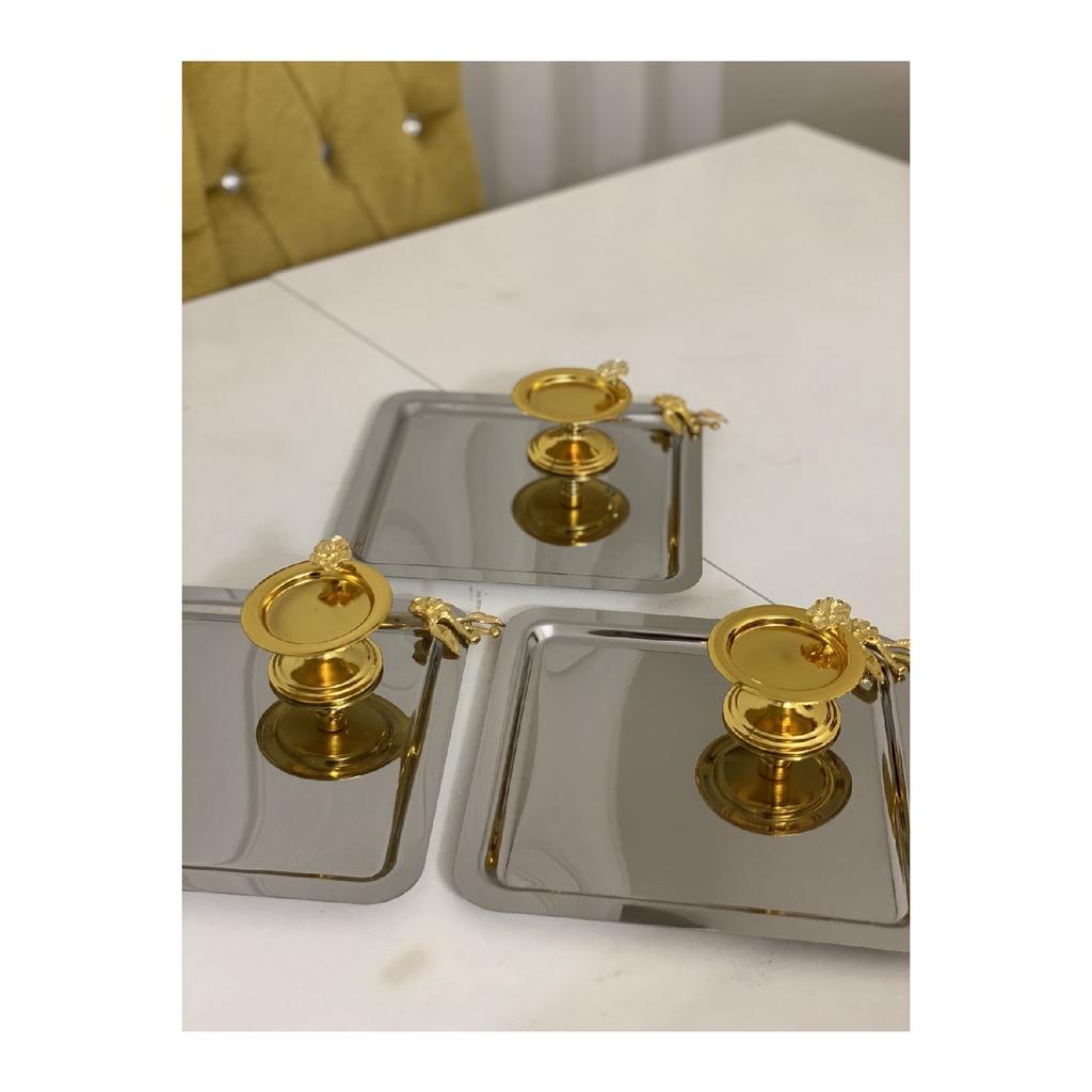 3-piece Steel Square Presentation Tray With Japanese Rose And 3-piece Gold Macaron Holder Japanese Rose