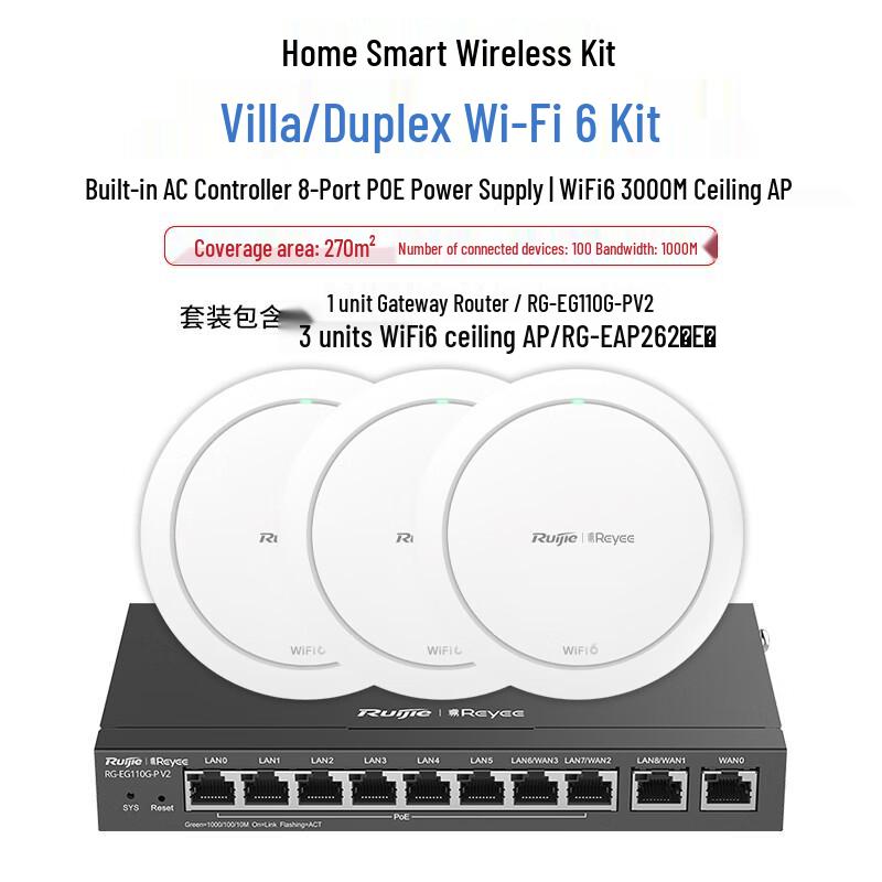 Ruijie Whole-House WiFi 6 Mesh System with Gateway & 3 Ceiling APs (CN version)
