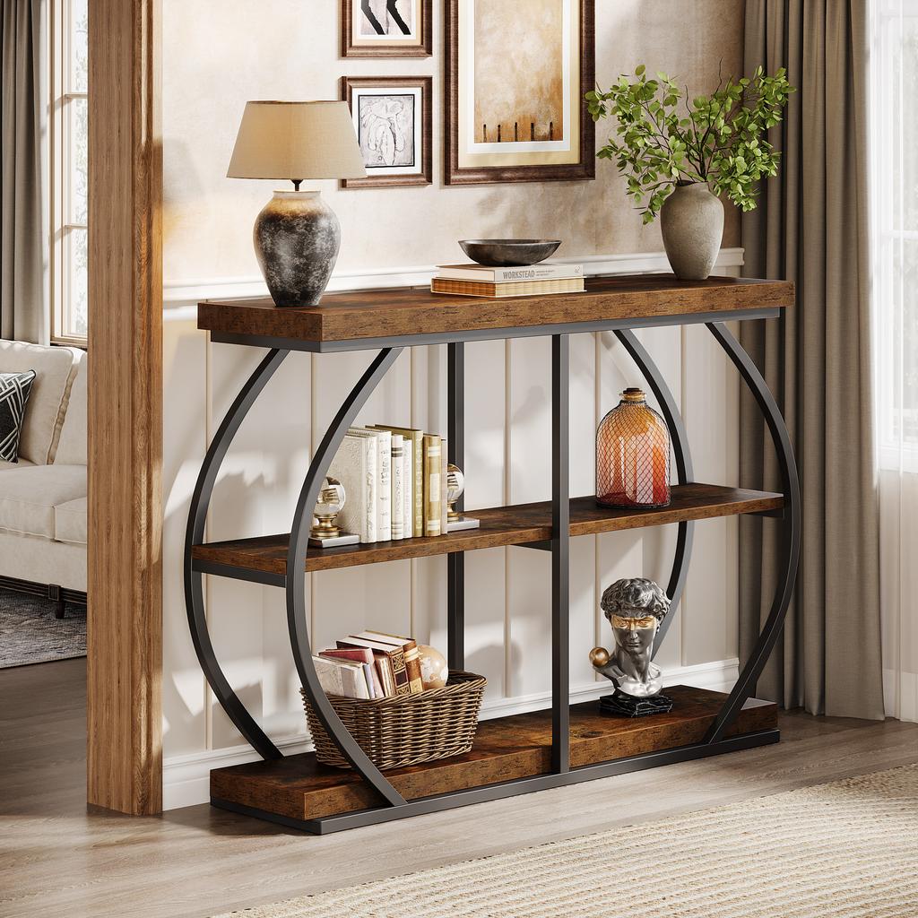 Tribesigns Console Table 105 cm Industrial 3-Tier Entrance Table with Curved Metal Frame and Shelves for Living Room and Hallway