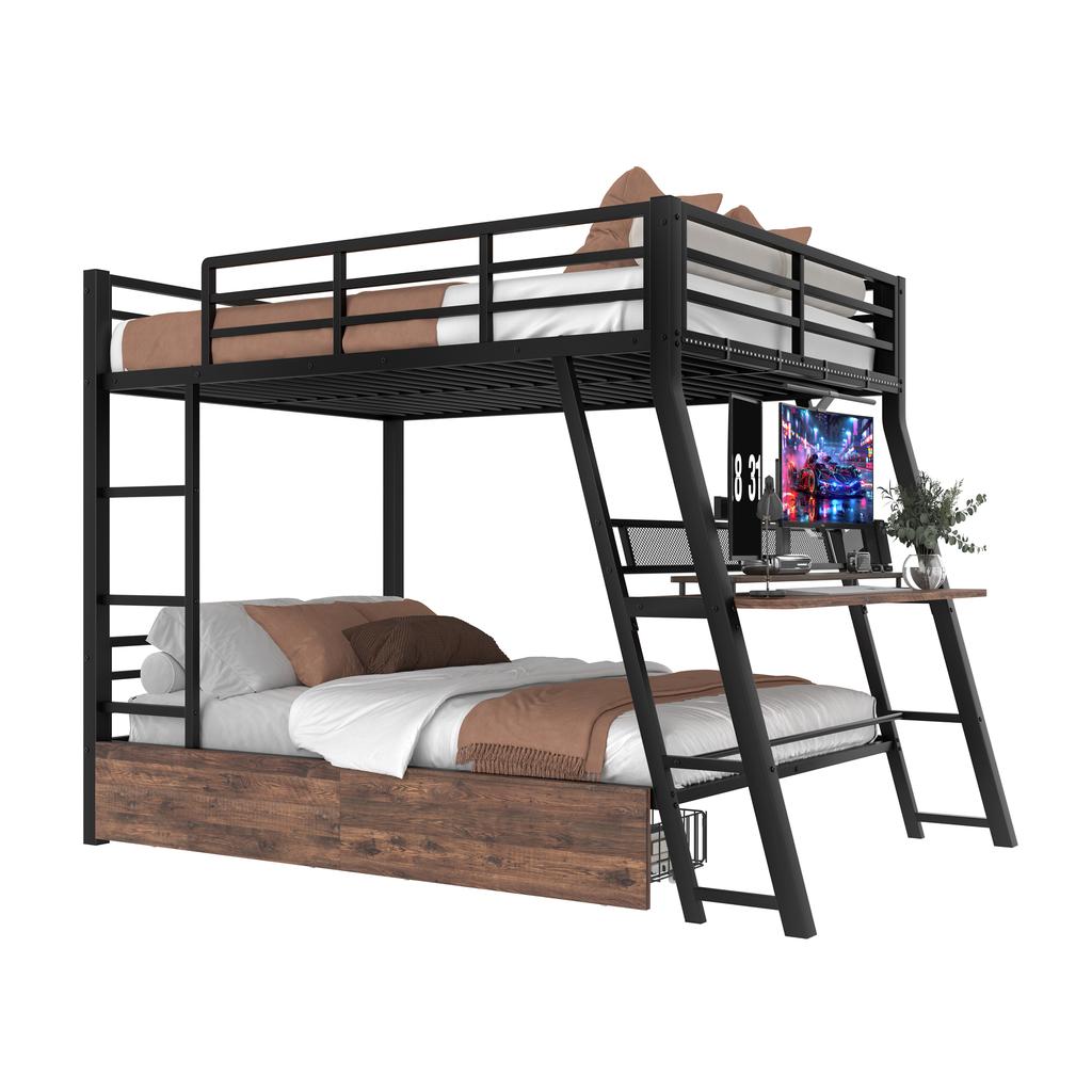 Loft Bed, 140 x 200cm, Iron Frame, LED Strip, Drawers, Railing, Stairs, Desk, without Mattress, Black