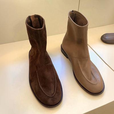 Версия из коровьей кожи~ нишевые новые ретро ботинки с круглым носком из замши на плоской подошве, женские универсальные ботильоны с задней молнией, удобные с мягкой поверхностью, ботинки без подкладки