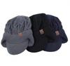 [sproutsy] Knit Cap with Ear Flaps, Cable Knit, with Visor, Gray, Warm Knit Cap with Ears (JP, Number Size, 58.0 Cm, Black)
