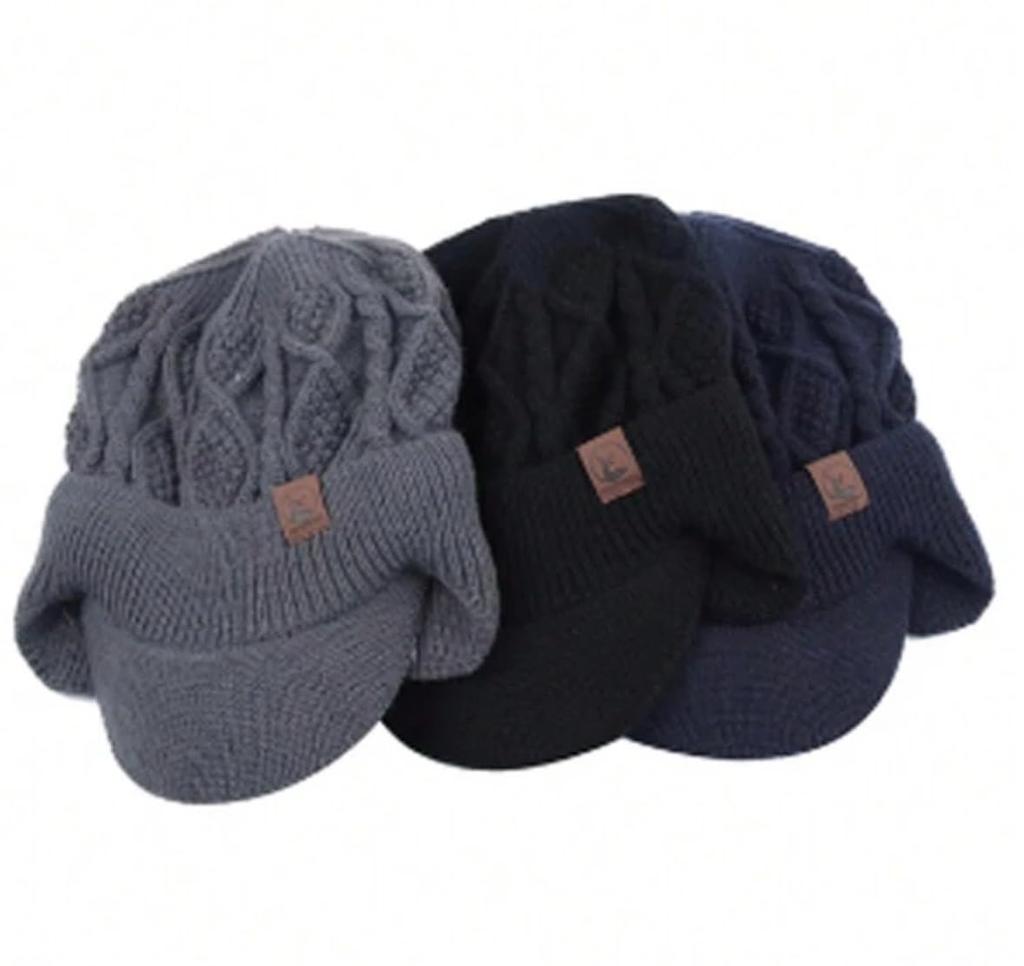 [sproutsy] Knit Cap with Ear Flaps, Cable Knit, with Visor, Gray, Warm Knit Cap with Ears (JP, Number Size, 58.0 Cm, Black)