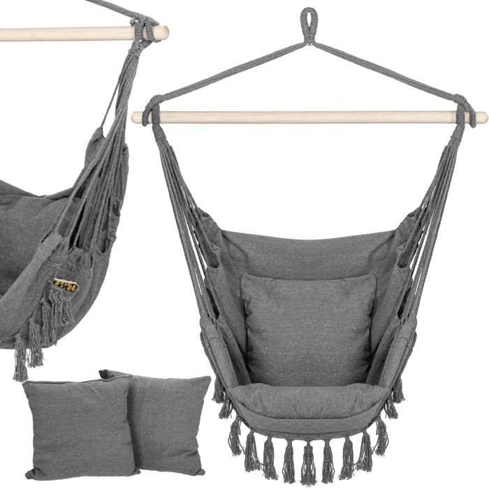Fauteuil suspendu - SPRINGOS - SPRINGOS - Gris - Barre bois 100 cm - 2 coussins & poche latérale