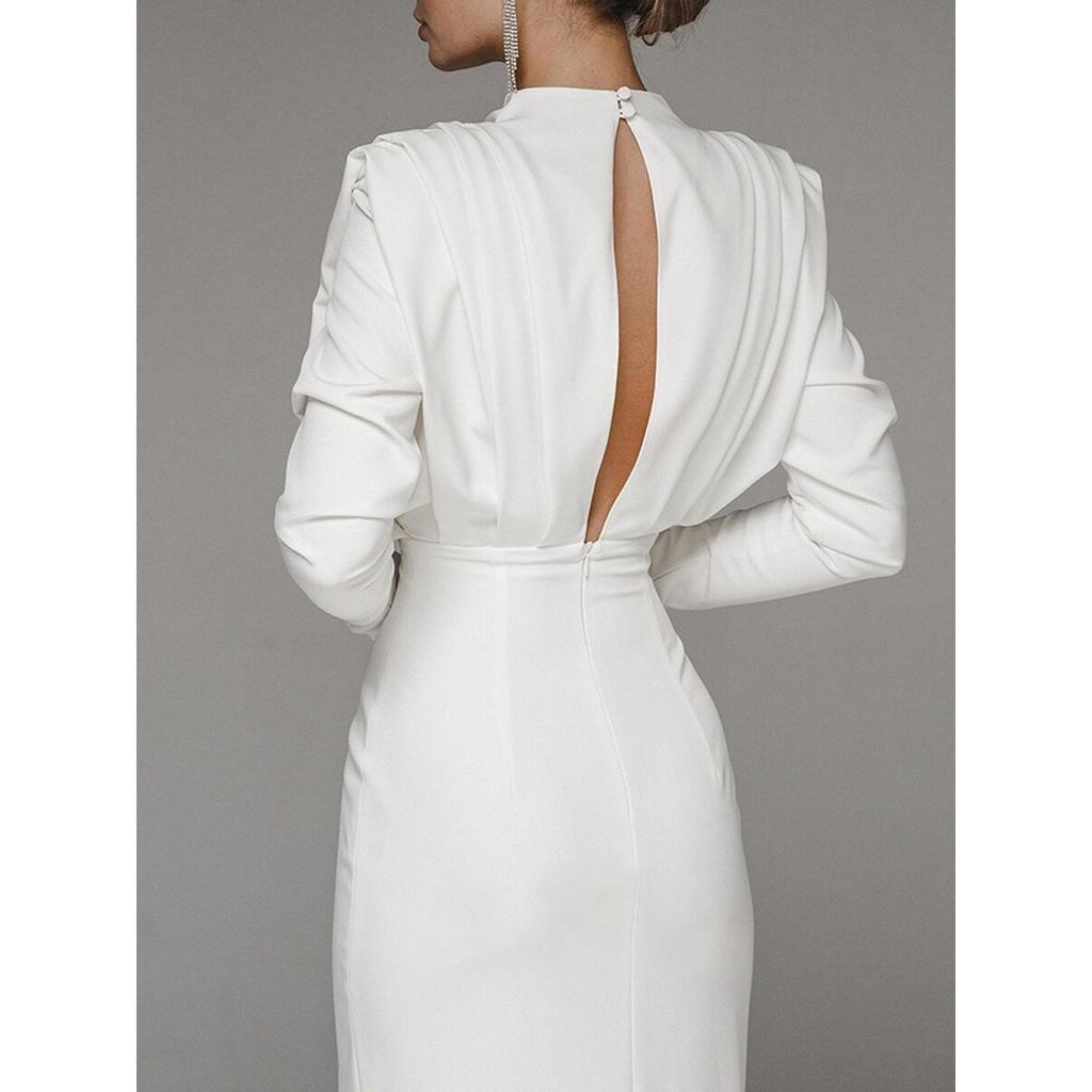 Spring Summer Women's Fashion Dress, European American Style High Neck Slit Long Maxi Dress, Casual Wear
