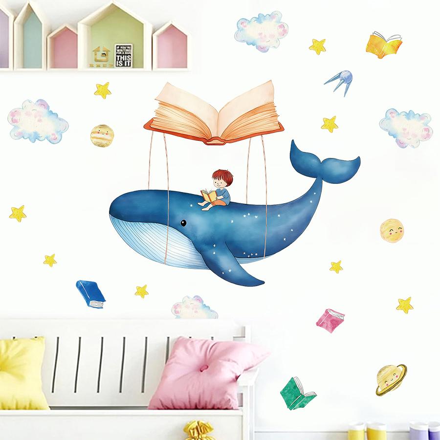 Adorable Whale & Child Reading Wall Decals - Educational Removable Vinyl Stickers for Kids' Room, Nursery & Book Home Decor