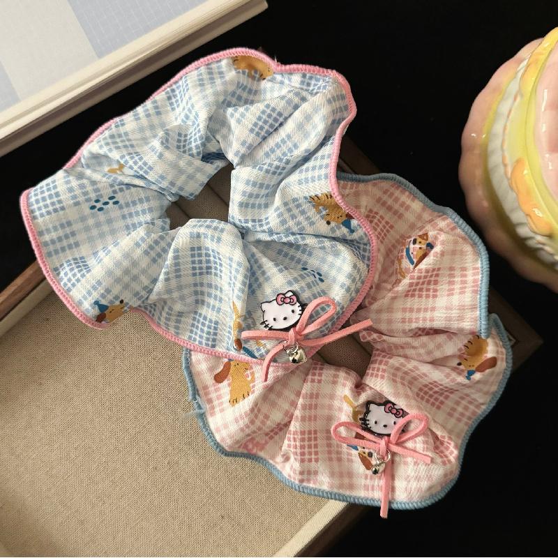 Spring new style cat bow tie plaid scrunchie, sweet and cute girl ponytail scrunchie hair accessory, 2-piece set