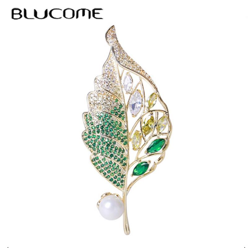 Blucome Luxury Gradient Leaves Brooch Copper Pins Women's Brooch for Coat Suit Bag New Year Gifts