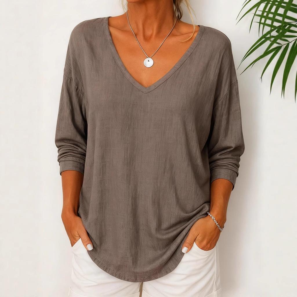 Women's Fashionable Solid Color V-neck Loose Casual Long Sleeved Pullover T-shirt Top