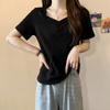 Футболка с V-образным вырезом и короткими рукавами для женщин, летний новый стиль, свободный и облегающий, однотонный, для студенток, горячая девушка, топ с открытыми ключицами, дизайн Sense
