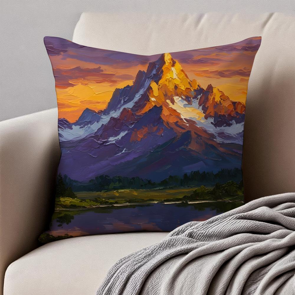 MMountain Landscape Pillow Art Decor Cushion Cushion Cover Pillowcase Antidustmite Invisible Zipper Short Plush Sofa Cushion