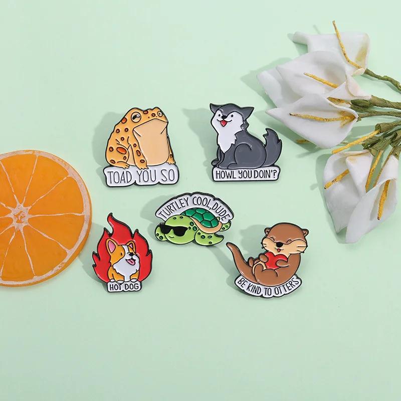 Cute Animals Enamel Pins Cartoon Toad Otters Dog Turtle Wolf Brooch Custom Bag Shirts Lapel Badges Jewelry Gift for Kids Friends