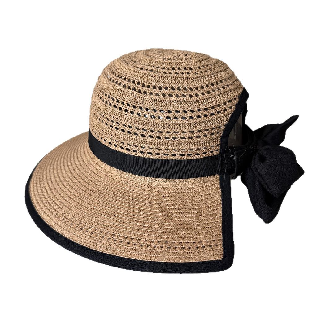 New spring and summer hat women's versatile hollow breathable split bow basin hat sunscreen face small sun hat
