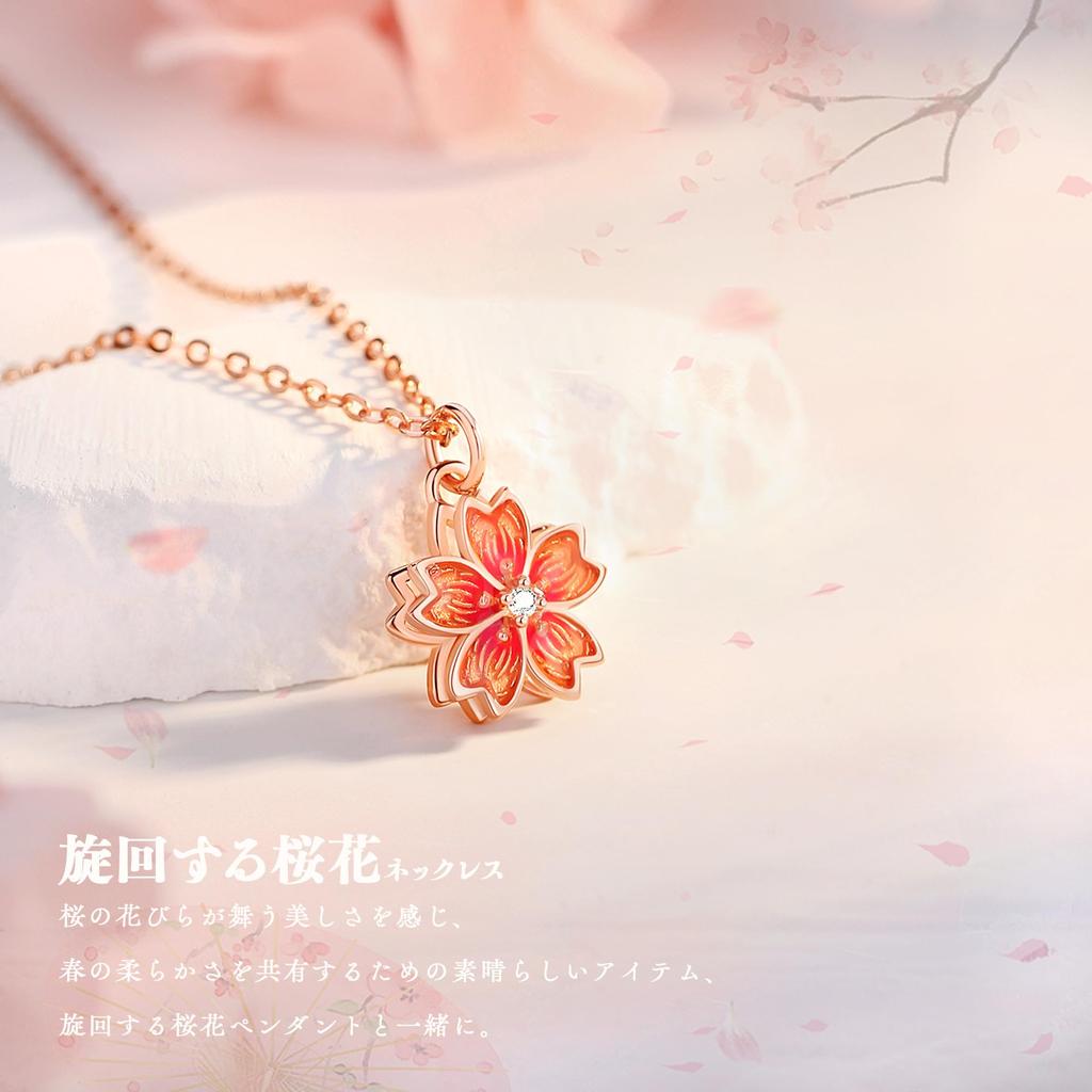Necklace for Women Cute Pink Gold Cherry Blossom Double Structure 360 Degree Rotation High Quality Zirconia 18K Silver 925 Metal Hypoallergenic