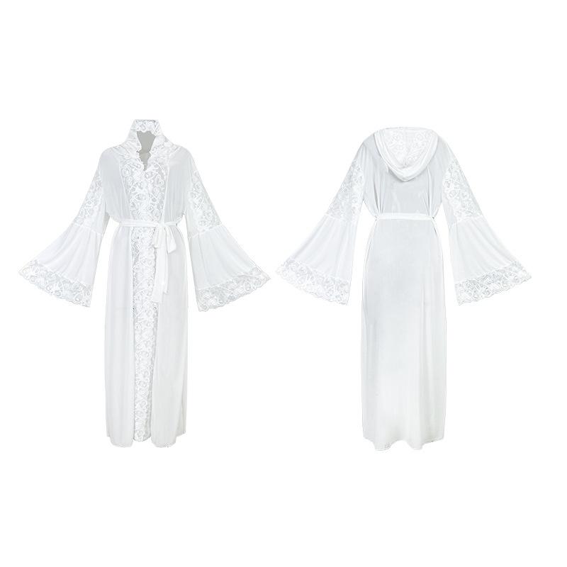 New Sexy Mesh Hooded Bathrobe Lace Lace Robe Belt