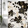 Black Floral Shower Curtain, Black Floral and Gold Leaf Shower Curtain Set for Bathroom, Natural Fabric Shower Curtain with Hook