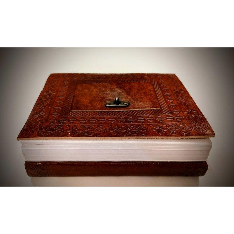 Embossed Handmade Vintage Leather Bound Brown Locked Notebook - Hand Crafted Book of Shadows - Unisex Writing Journal - Refillable Diary