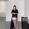MODIQUE Summer Plus Size New Women Loose Patchwork A-Line Lace Printing Plaid Long Dresses Elegant Lady Casual Cotton O-Neck Short Sleeve Skirt