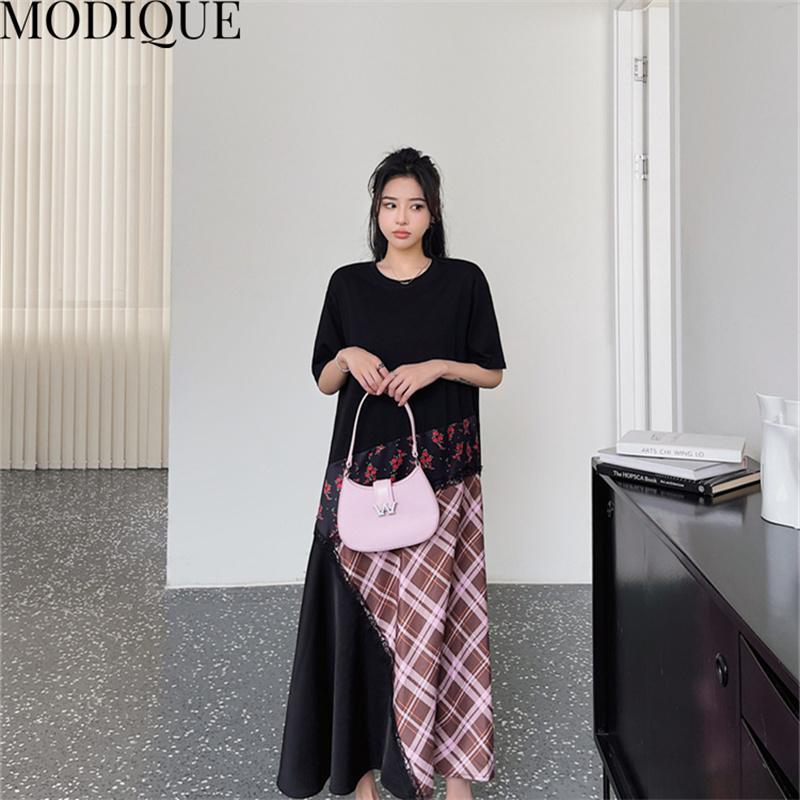MODIQUE Summer Plus Size New Women Loose Patchwork A-Line Lace Printing Plaid Long Dresses Elegant Lady Casual Cotton O-Neck Short Sleeve Skirt
