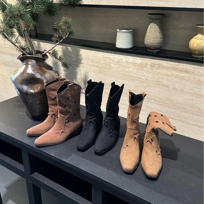 2025 осень и зима новая мода универсальные тонкие низкие трубы толстый каблук ботинки Мартин носить западные ковбойские ботинки